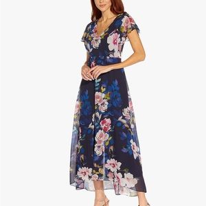 NWT Adrianna Papell Stretch Crepe Jumpsuit with Printed Floral Chiffon Overlay